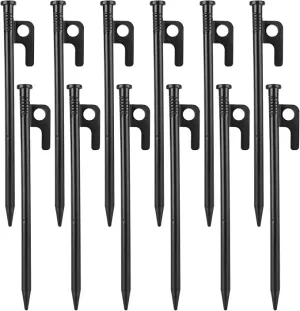12 Pack Tent Stakes Heavy Duty, Multiuse Forged Steel Tent Pegs, 8 inch Metal Camping Ground Stakes, Unbreakable and Inflexible, Available in Rocky Place Dessert Snowfield and Grassland (Black)