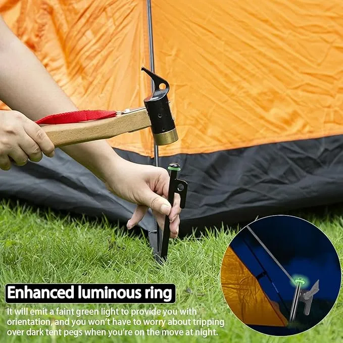 12Inch Heavy Duty Tent Stakes, 8PCS Tent Pegs Metal Fluorescent Silicone Rings  Storage Bag for Camping