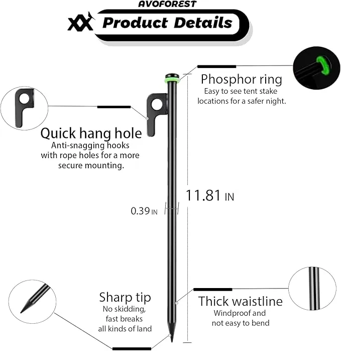 12Inch Heavy Duty Tent Stakes, 8PCS Tent Pegs Metal Fluorescent Silicone Rings  Storage Bag for Camping