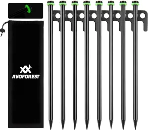 12Inch Heavy Duty Tent Stakes, 8PCS Tent Pegs Metal Fluorescent Silicone Rings  Storage Bag for Camping