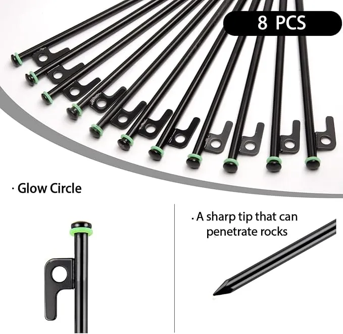 12Inch Heavy Duty Tent Stakes, 8PCS Tent Pegs Metal Fluorescent Silicone Rings  Storage Bag for Camping