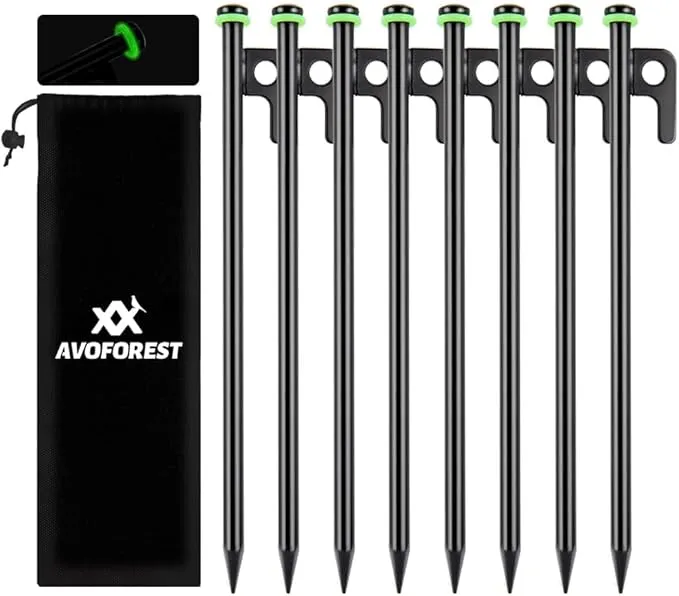 12Inch Heavy Duty Tent Stakes, 8PCS Tent Pegs Metal Fluorescent Silicone Rings  Storage Bag for Camping