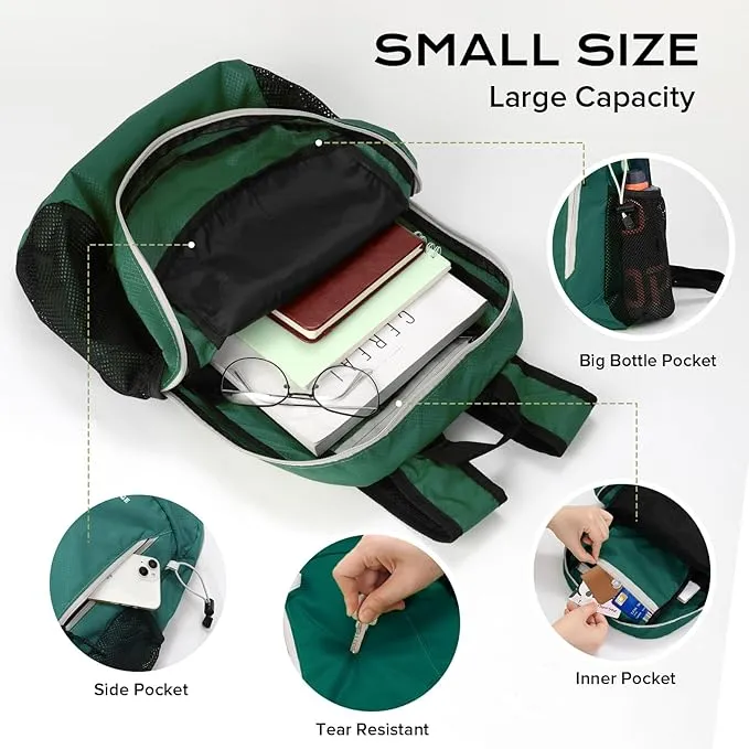 15L Highly Water-resistant Hiking Daypack, Small Backpack Travel Outdoor, Lightweight Day Pack with Tool Loops(Dark Green)