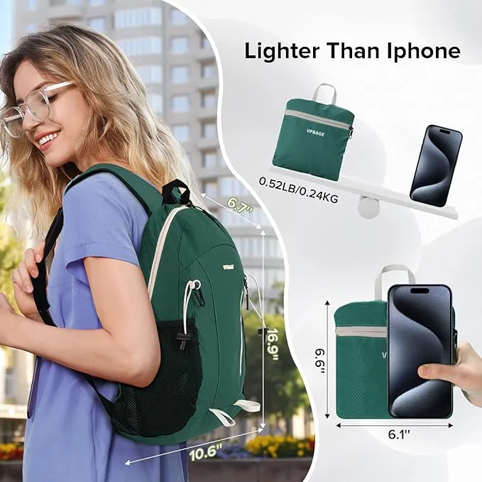 15L Highly Water-resistant Hiking Daypack, Small Backpack Travel Outdoor, Lightweight Day Pack with Tool Loops(Dark Green)