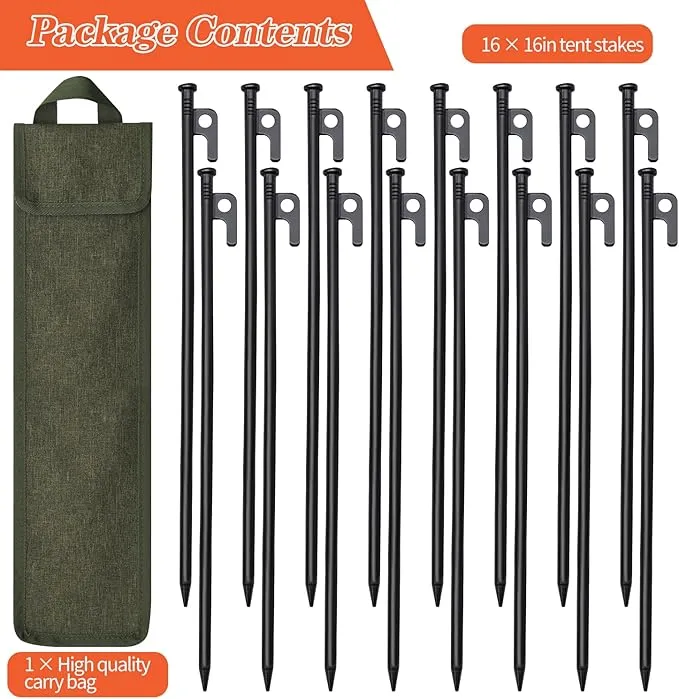 16 Pack Tent Stakes, 16in Tent Stakes Heavy Duty with Storage Bag, Forged Steel Tent Pegs for Camping Unbreakable and Inflexible(16pcs 16in Stakes)