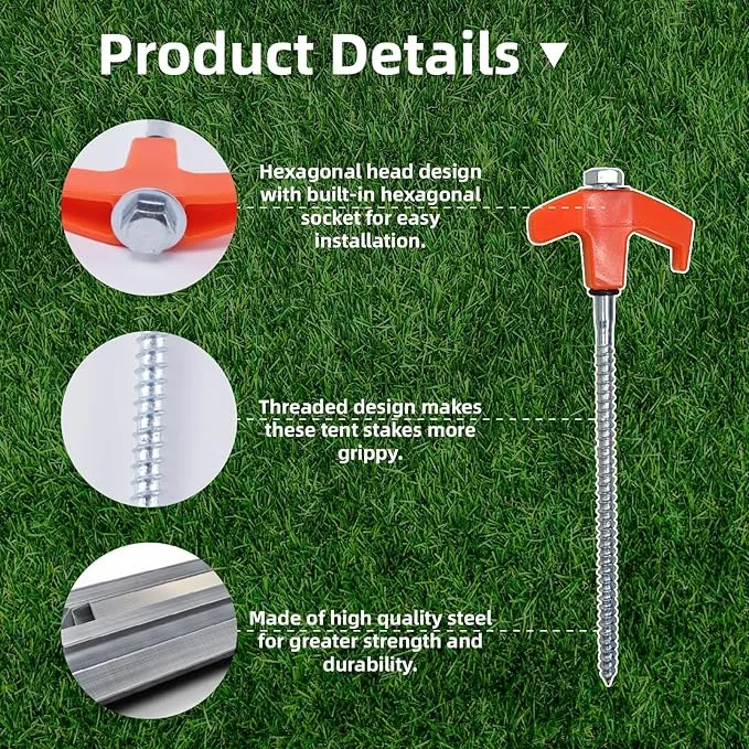 16 Pack Tent Stakes Heavy Duty, 8" Screw in Tent Stakes, 2024 New Tent Stakes for Outdoor Camping, Metal Threaded Tent Spikes with Hex Head Driver and Storage Box