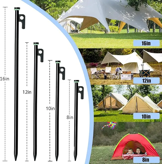 16 Pack Tent Stakes with Hammer,16in Heavy Duty Tent Stakes   12in Tent Stakes Hammer Storage Pouch, Forged Steel Tent Stakes for Camping Used on Rocks, Grassland(16Pcs 16in Tent Stakes Hammer)