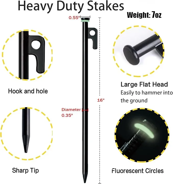 16 Pack Tent Stakes with Hammer,16in Heavy Duty Tent Stakes   12in Tent Stakes Hammer Storage Pouch, Forged Steel Tent Stakes for Camping Used on Rocks, Grassland(16Pcs 16in Tent Stakes Hammer)
