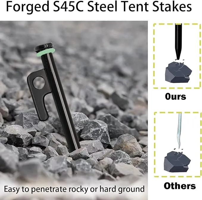 16 Pack Tent Stakes with Hammer,16in Heavy Duty Tent Stakes   12in Tent Stakes Hammer Storage Pouch, Forged Steel Tent Stakes for Camping Used on Rocks, Grassland(16Pcs 16in Tent Stakes Hammer)