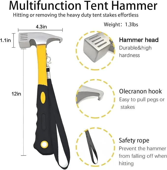 16 Pack Tent Stakes with Hammer,16in Heavy Duty Tent Stakes   12in Tent Stakes Hammer Storage Pouch, Forged Steel Tent Stakes for Camping Used on Rocks, Grassland(16Pcs 16in Tent Stakes Hammer)