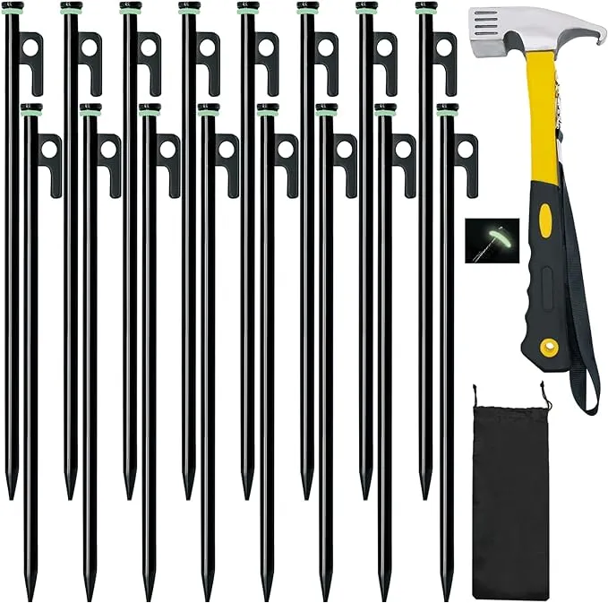 16 Pack Tent Stakes with Hammer,16in Heavy Duty Tent Stakes   12in Tent Stakes Hammer Storage Pouch, Forged Steel Tent Stakes for Camping Used on Rocks, Grassland(16Pcs 16in Tent Stakes Hammer)