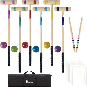 28In Six Player Croquet Set, Universal Szie Croquet Set with Wooden Mallets/Colored Ball/Wickets/Stakes for Lawn/Backyard Game/Park