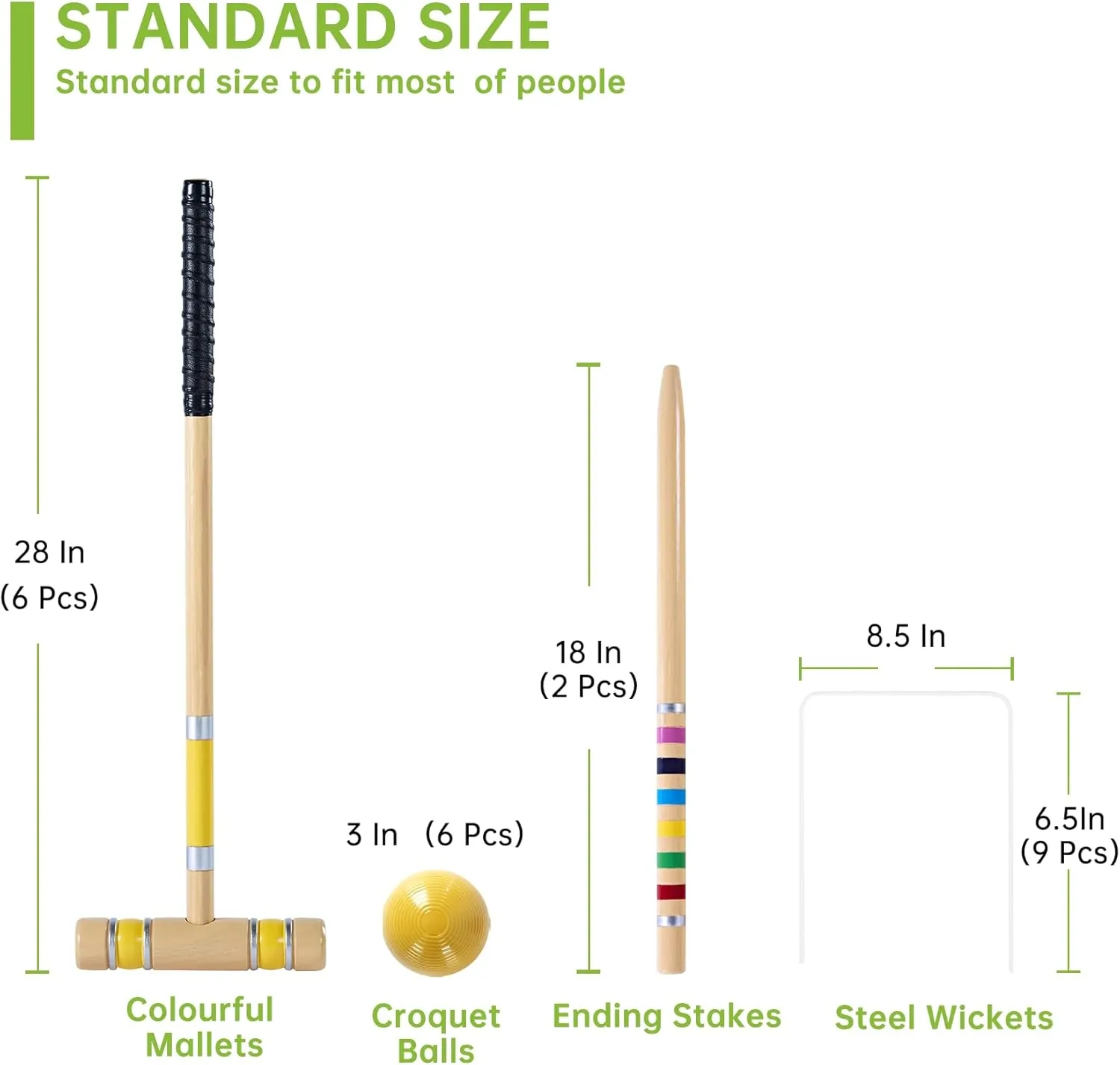 28In Six Player Croquet Set, Universal Szie Croquet Set with Wooden Mallets/Colored Ball/Wickets/Stakes for Lawn/Backyard Game/Park