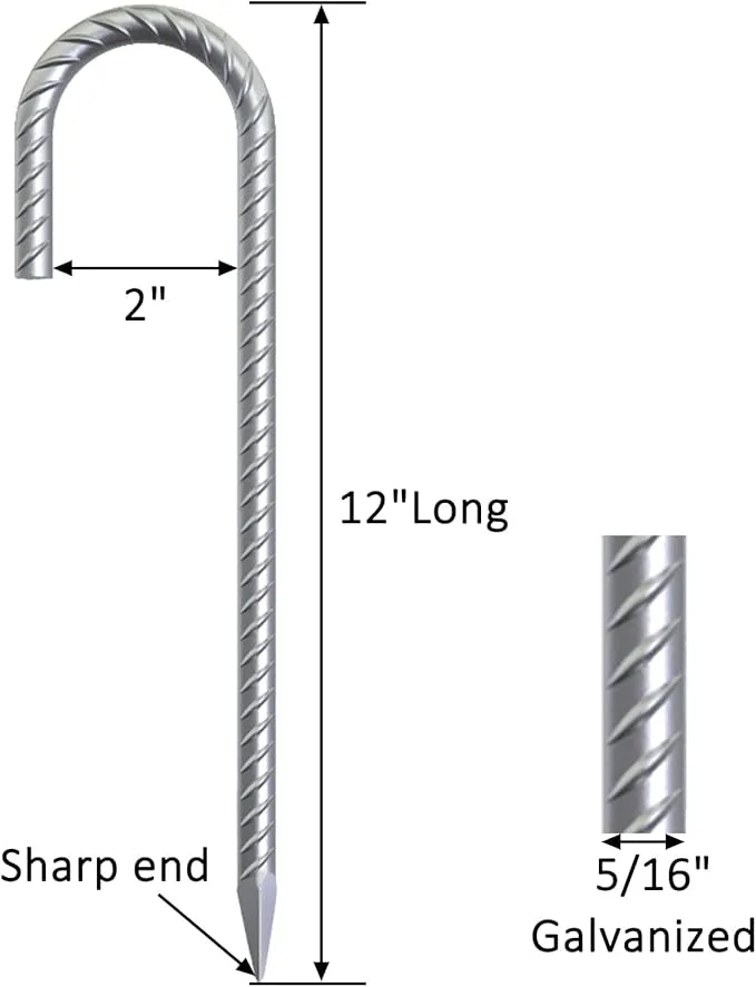 55 Pack 12" Galvanized Rebar Stakes Heavy Duty J Hook Ground Anchors, Curved Steel Tent Stakes Anti Rust Steel Ground Stakes