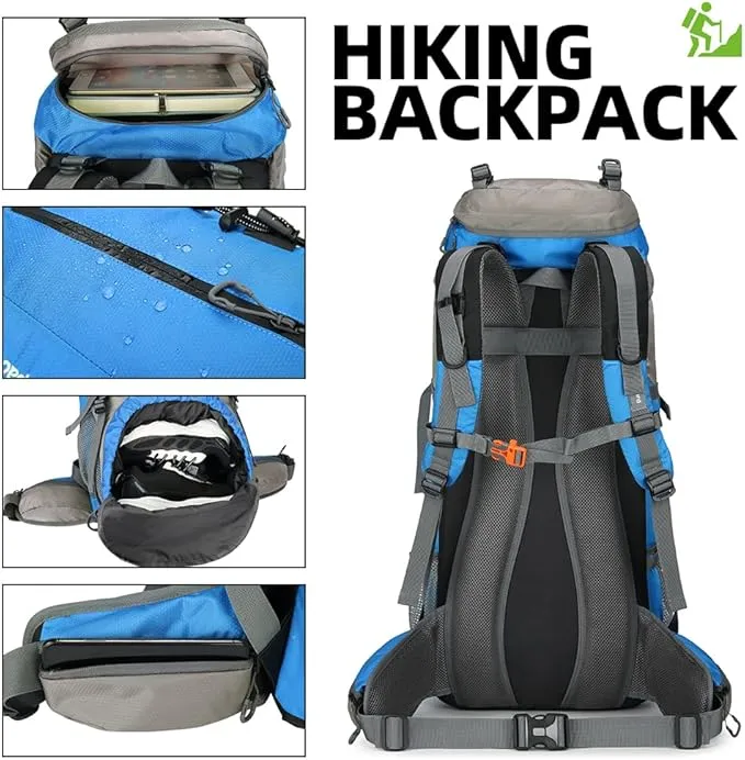 70L Camping Hiking Backpack with Rain Cover Waterproof Backpacking Backpack for Hiking Treeking Climbing Outdoor (Blue)