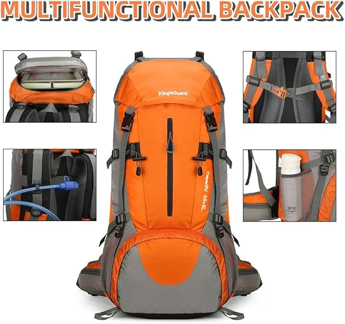 70L Camping Hiking Backpack with Rain Cover Waterproof Backpacking Backpack for Hiking Treeking Climbing Outdoor (Orange)