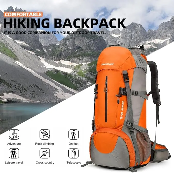 70L Camping Hiking Backpack with Rain Cover Waterproof Backpacking Backpack for Hiking Treeking Climbing Outdoor (Orange)