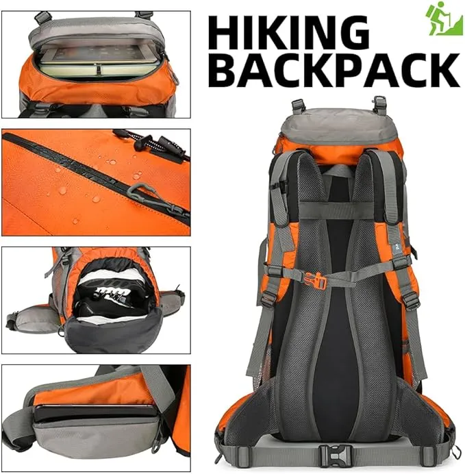 70L Camping Hiking Backpack with Rain Cover Waterproof Backpacking Backpack for Hiking Treeking Climbing Outdoor (Orange)