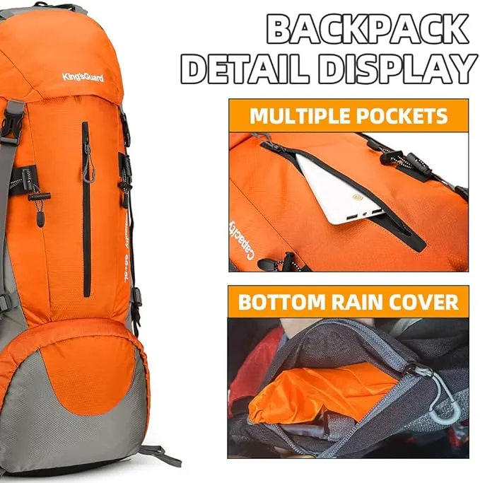 70L Camping Hiking Backpack with Rain Cover Waterproof Backpacking Backpack for Hiking Treeking Climbing Outdoor (Orange)