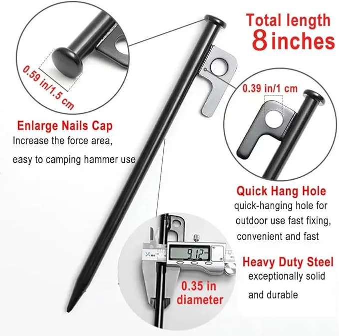 8 Pack 8 Inch Tent Stakes Heavy Duty Camping Stake Forged Steel Tent Pegs Steel Tent Spikes for Camping, Yard Decoration, Snowfield, Picnic Unbreakable and Inflexible (8 PCS 8 Inches Black)