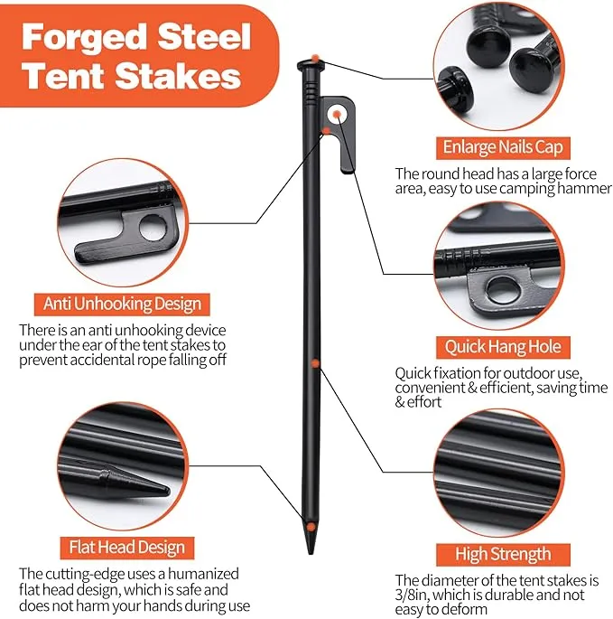8pcs Tent Stakes and Hammer Set, 12in Heavy Duty Forged Steel Tent Stakes   Camping Hammer   Storage Pouch, Available in Rocky Place (8pcs 12in Stake Hammer)
