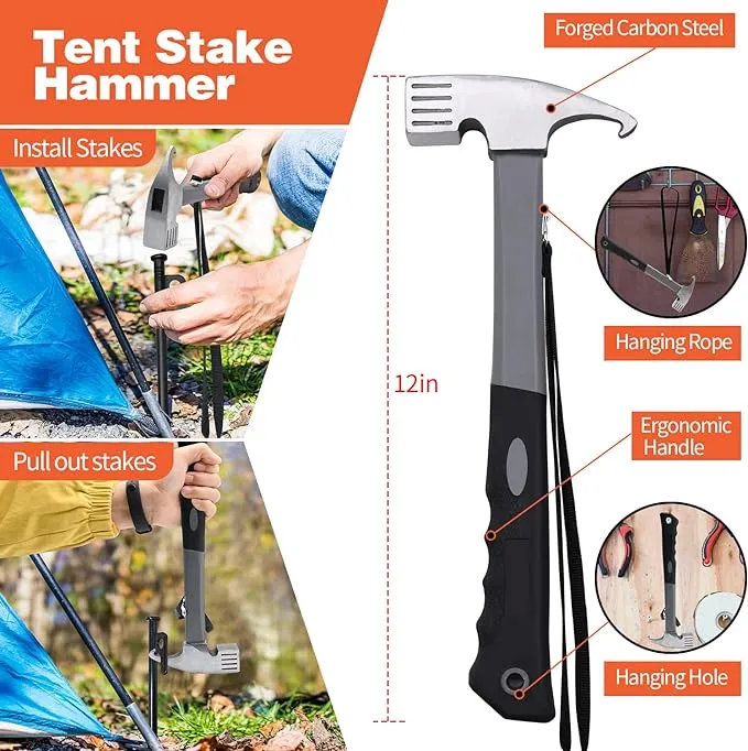 8pcs Tent Stakes and Hammer Set, 12in Heavy Duty Forged Steel Tent Stakes   Camping Hammer   Storage Pouch, Available in Rocky Place (8pcs 12in Stake Hammer)