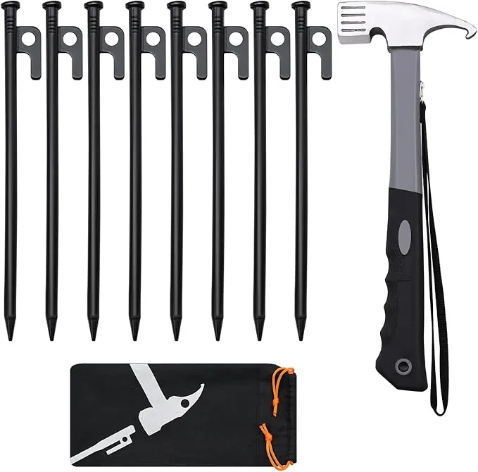 8pcs Tent Stakes and Hammer Set, 12in Heavy Duty Forged Steel Tent Stakes   Camping Hammer   Storage Pouch, Available in Rocky Place (8pcs 12in Stake Hammer)