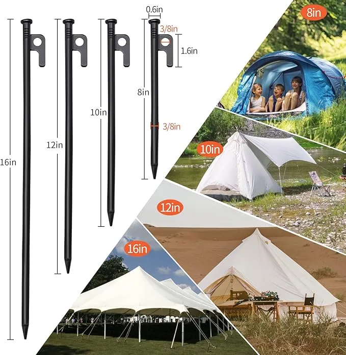 8pcs Tent Stakes and Hammer Set, 12in Heavy Duty Forged Steel Tent Stakes   Camping Hammer   Storage Pouch, Available in Rocky Place (8pcs 12in Stake Hammer)
