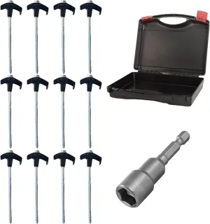 8" Screw in Tent Stakes - Ground Anchors Screw in, Screw in Tent Stakes Heavy Duty, Tent Pegs Camping Stakes, Metal Threaded Tent Spikes, Screw Tent Stakes with Hex Sleeves (12Pcs Box Black)