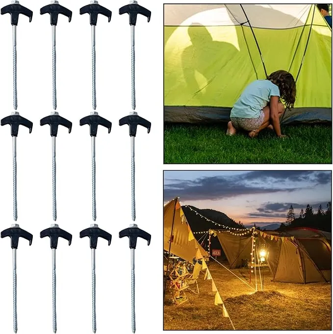 8" Screw in Tent Stakes - Ground Anchors Screw in, Screw in Tent Stakes Heavy Duty, Tent Pegs Camping Stakes, Metal Threaded Tent Spikes, Screw Tent Stakes with Hex Sleeves (12Pcs Box Black)