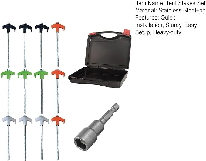 8" Screw in Tent Stakes - Ground Anchors Screw in, Screw in Tent Stakes Heavy Duty, Tent Pegs Camping Stakes, Metal Threaded Tent Spikes, Screw Tent Stakes with Hex Sleeves (12Pcs Box Black)