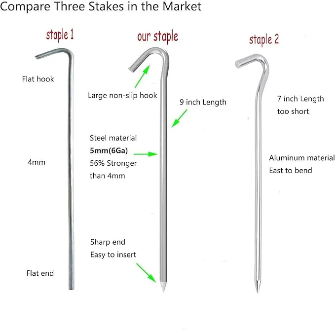 9 Inch Galvanized Tent Stakes Metal Tent Pegs Heavy Duty Steel Yard Camping Stakes Tarp Hooks Inflatables Outdoor Decorations, 8 Pack