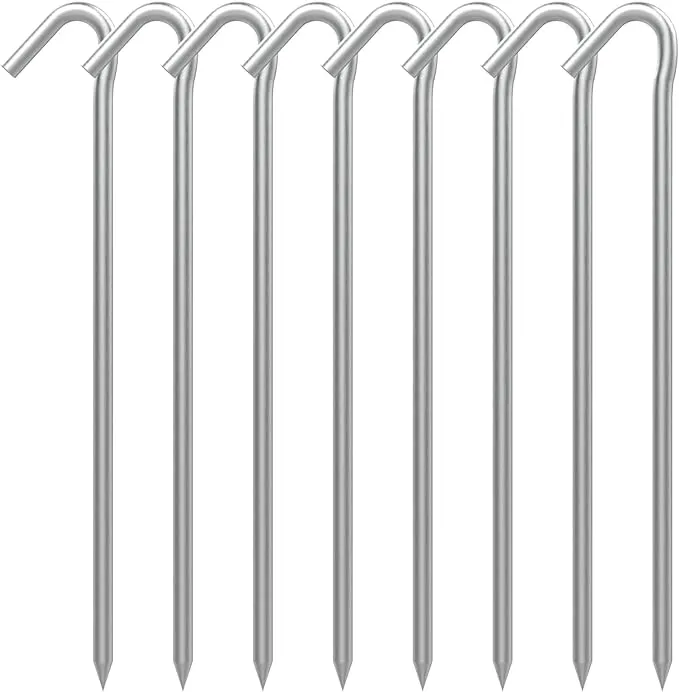 AAGUT 8 Pack Metal Camping Tent Stakes 9 Inch Yard Stakes for Inflatables Heavy Duty Tent Pegs Steel Hooked Ground Stakes for Outdoor Christmas Decorations, Garden Edging Tarp Stakes for Ground