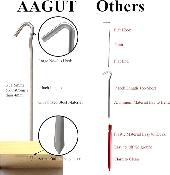 AAGUT 8 Pack Metal Camping Tent Stakes 9 Inch Yard Stakes for Inflatables Heavy Duty Tent Pegs Steel Hooked Ground Stakes for Outdoor Christmas Decorations, Garden Edging Tarp Stakes for Ground