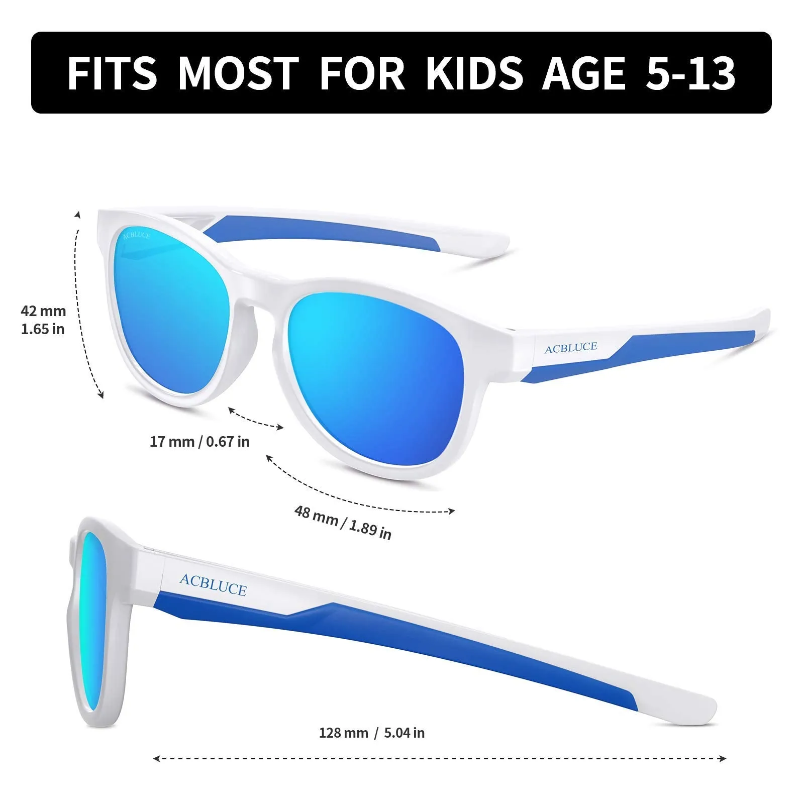 ACBLUCE Kids Polarized Sports Sunglasses TPEE Flexible Frame with Adjustable Strap for Boys Girls Age 5-13 Bright White/Blue Frame丨blue Revo Lens