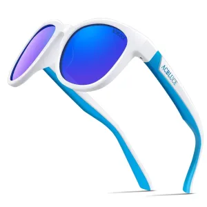 ACBLUCE Kids Polarized Sports Sunglasses TPEE Frame with Adjustable Strap for Boys Girls Age 6-12 A-bright White/Blue Frame|blue Revo Lense