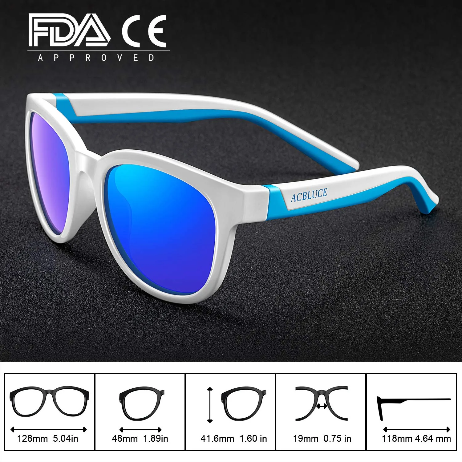 ACBLUCE Kids Polarized Sports Sunglasses TPEE Frame with Adjustable Strap for Boys Girls Age 6-12 A-bright White/Blue Frame|blue Revo Lense