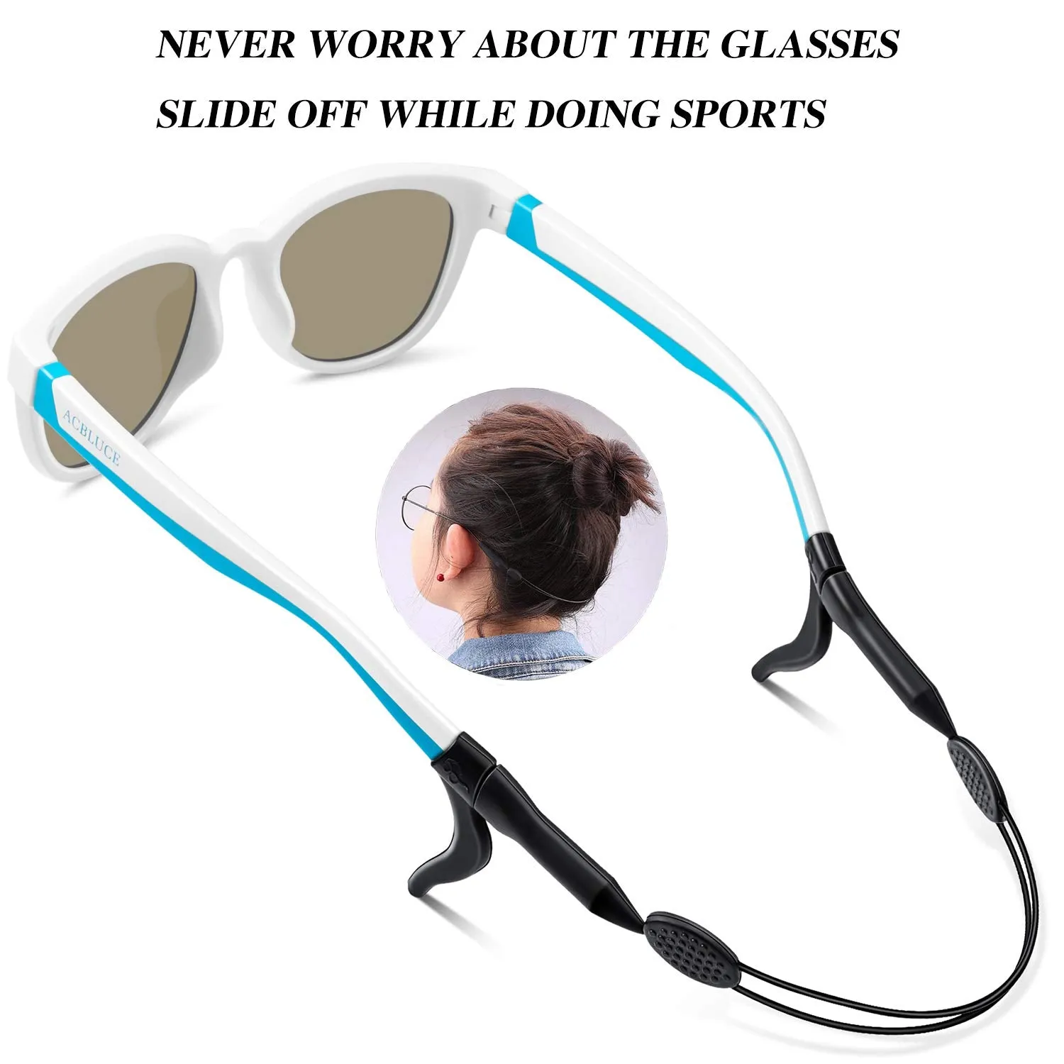 ACBLUCE Kids Polarized Sports Sunglasses TPEE Frame with Adjustable Strap for Boys Girls Age 6-12 A-bright White/Blue Frame|blue Revo Lense