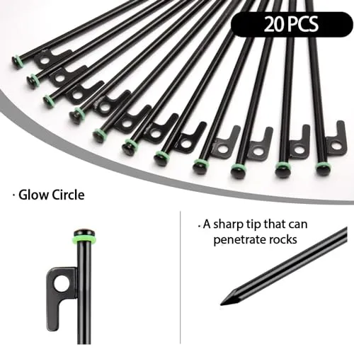 AVOFOREST 12Inch Heavy Duty Tent Stakes,20 PCS Tent Pegs Metal Fluorescent Silicone Rings  Storage Bag for Camping (20pcs)