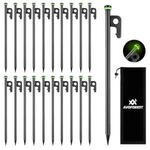 AVOFOREST 12Inch Heavy Duty Tent Stakes,20 PCS Tent Pegs Metal Fluorescent Silicone Rings  Storage Bag for Camping (20pcs)
