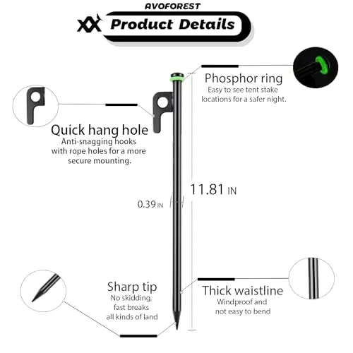 AVOFOREST 12Inch Heavy Duty Tent Stakes,20 PCS Tent Pegs Metal Fluorescent Silicone Rings  Storage Bag for Camping (20pcs)