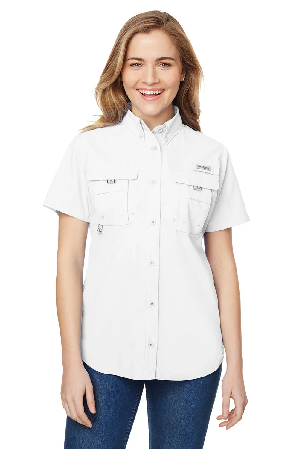Columbia Womens Bahama Moisture Wicking Short Sleeve Button Down Shirt w/ Double Pockets - White (DISCONTINUED)