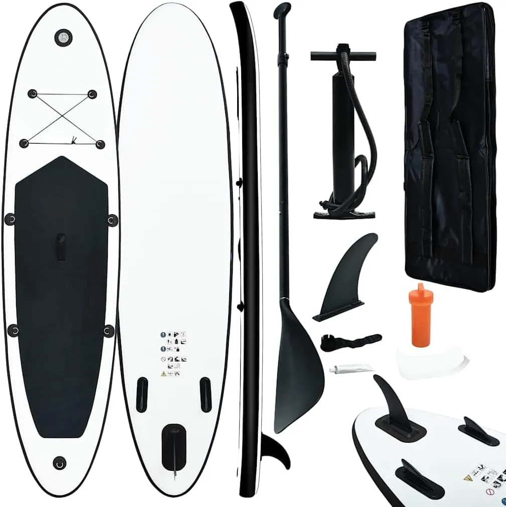 Enjoy Water Sports with Inflatable Stand Up Paddle Board Set, Puncture-Proof Design, Easy Transport, Black and White