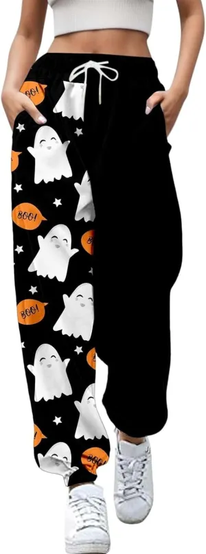 Halloween Lounge Pants for Women Loose Fit Straight Leg Drawstring Cuffed Joggers 3D Printed Workout Sweatpants
