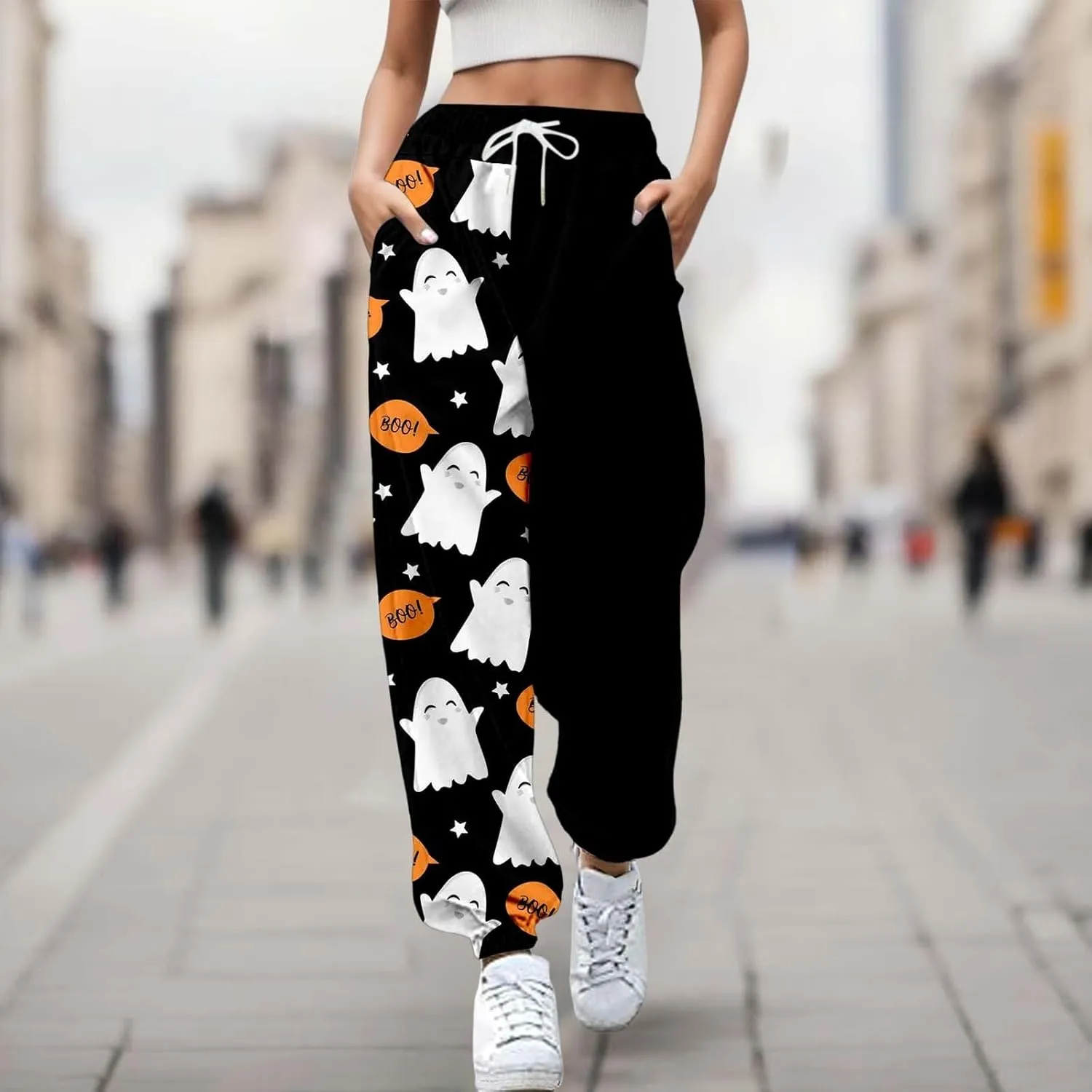 Halloween Lounge Pants for Women Loose Fit Straight Leg Drawstring Cuffed Joggers 3D Printed Workout Sweatpants