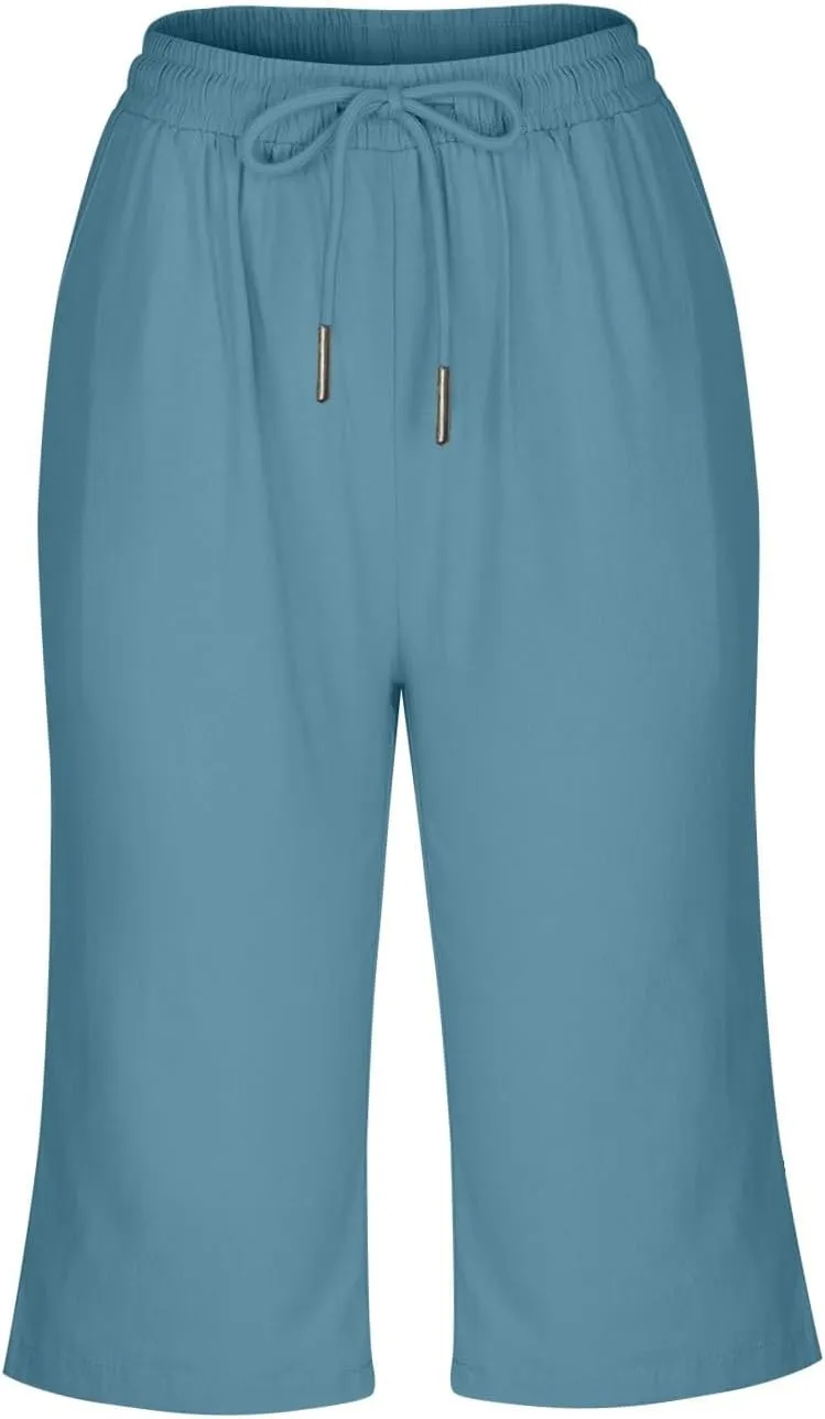 Linen Bermuda Shorts for Women Knee Length Summer Casual Drawstring High Waisted Gym Short Pants with Pockets