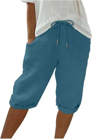 Linen Bermuda Shorts for Women Knee Length Summer Casual Drawstring High Waisted Gym Short Pants with Pockets