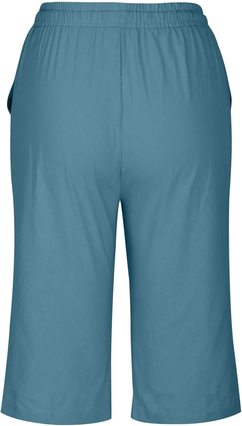 Linen Bermuda Shorts for Women Knee Length Summer Casual Drawstring High Waisted Gym Short Pants with Pockets