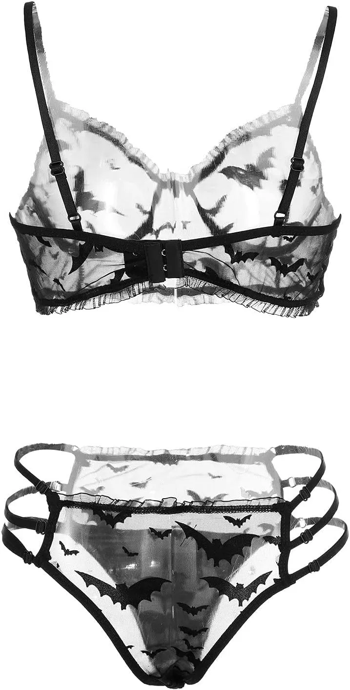 Oplxuo Halloween Lingerie Set for Women Mesh Sheer Bat Bralette and Panty Outfits Sexy Babydoll Underwear Halloween Costumes