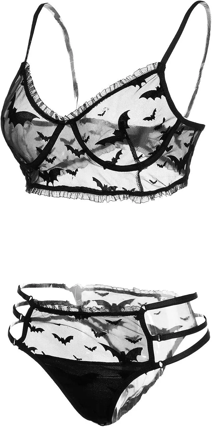 Oplxuo Halloween Lingerie Set for Women Mesh Sheer Bat Bralette and Panty Outfits Sexy Babydoll Underwear Halloween Costumes